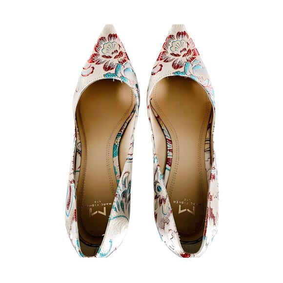 Marc Fisher Leather Red Blue White Floral Brocade Tapestry Chunky Block Heels 9 - Picture 4 of 6